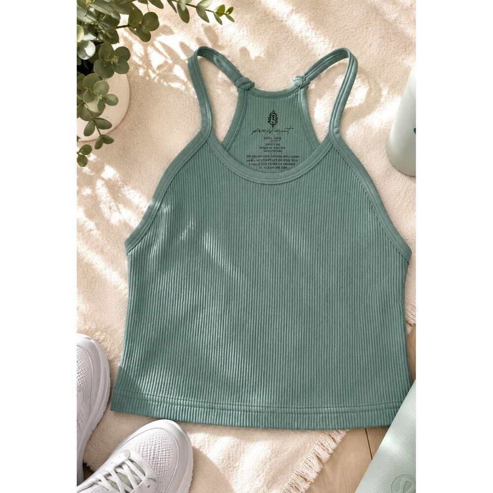 Free People Movement Happiness Runs Crop Tank Green Ribbed Racerback XS/S Yoga